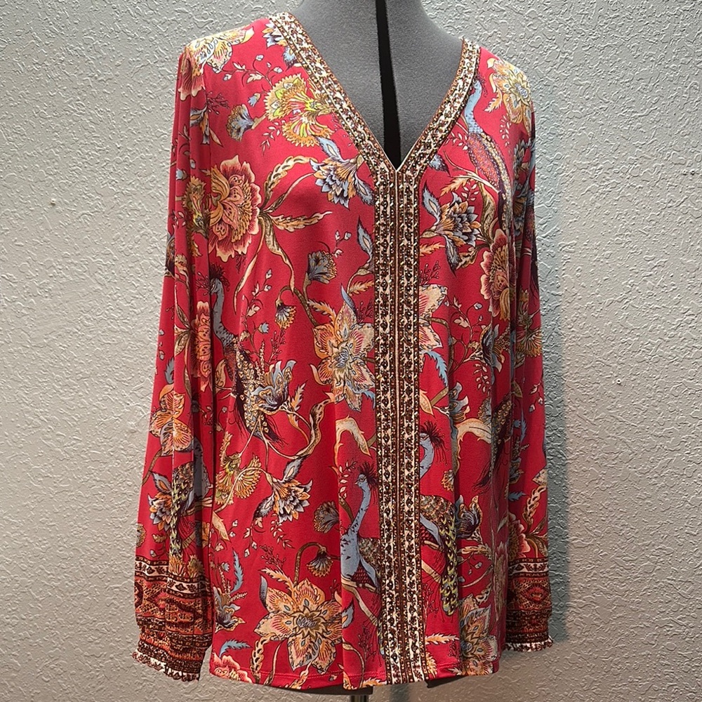 JM Collection Bling Peacock Floral Red Women's Top Large NWOT